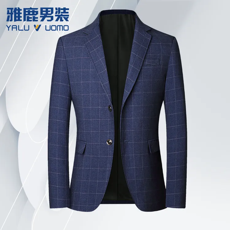 雅鹿男装春秋新款中年男士格子休闲西服时尚百搭西装上衣薄款外套