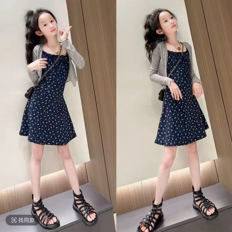 法式蓝色碎花吊带连衣裙女童夏季海边度假风气质收腰中大童短裙