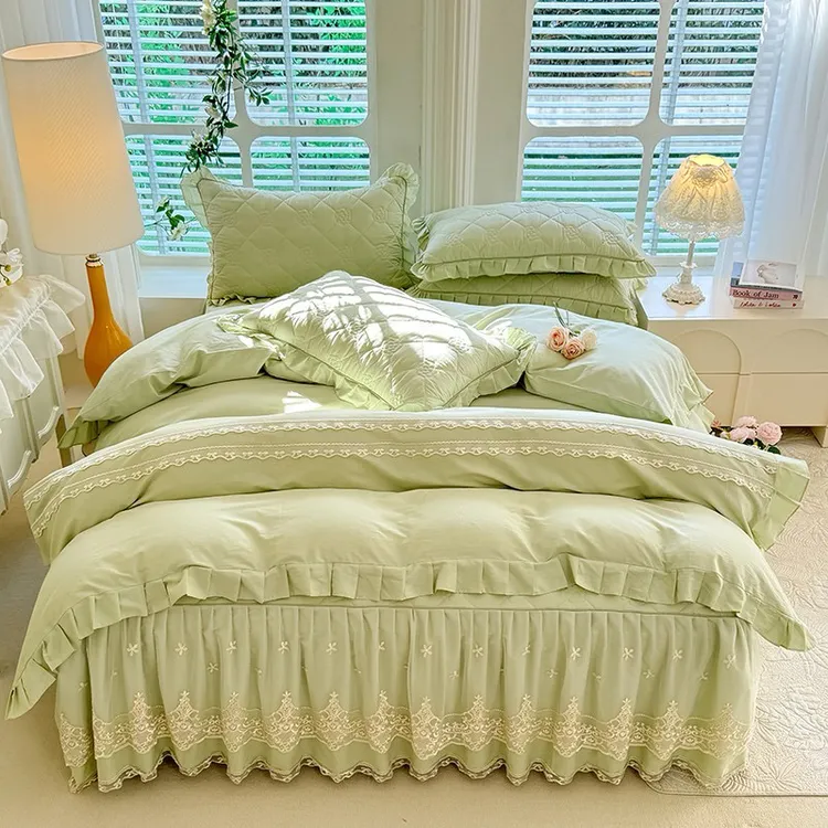 公主风100%纯棉全棉床裙四件套四季夹棉加厚蕾丝花边床罩被套床品