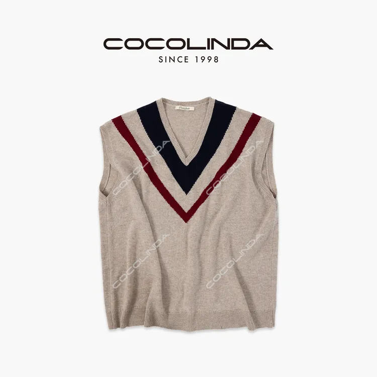 COCOLINDA| Miu风 绵羊毛12针嵌花间色工艺撞色V领坎袖毛衣S5475