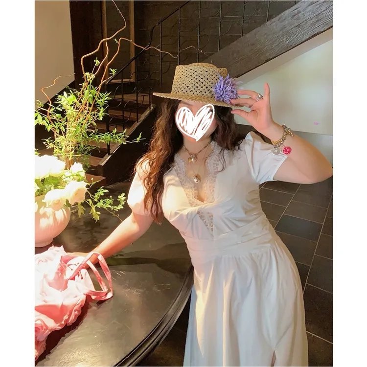 FRVXO V领蕾丝拼接开叉连衣裙夏季新款收腰法式长裙女