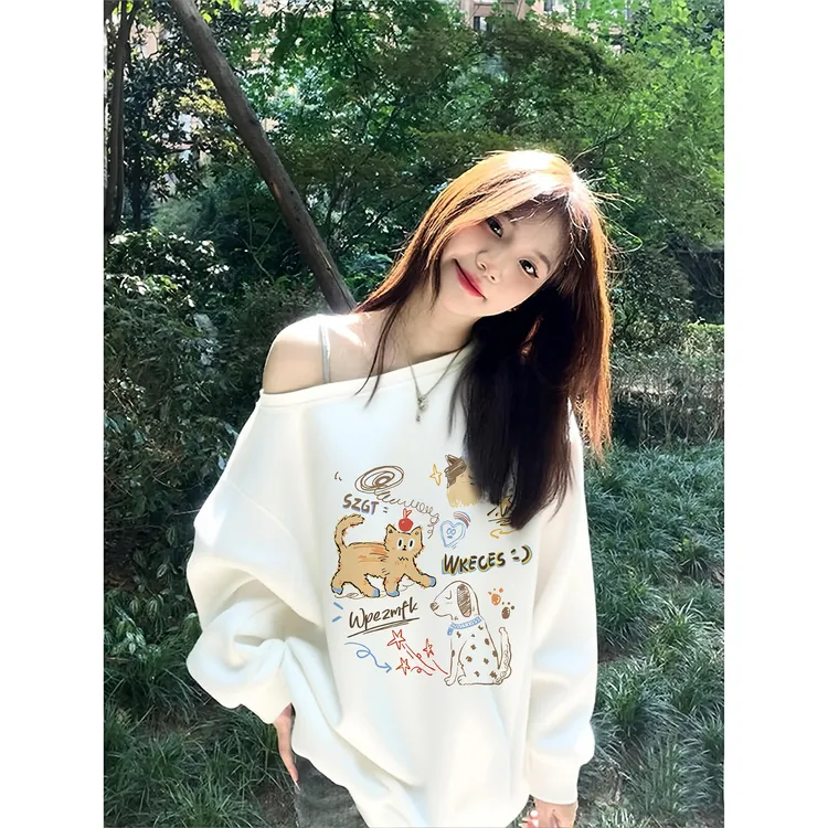 纯棉慵懒风卡通印花ins趣味减龄斜肩卫衣女白色休闲百搭个性上衣