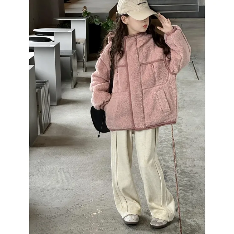 女童外套秋冬款2025新款儿童冬装羊羔绒上衣女大童夹棉加厚毛毛衣