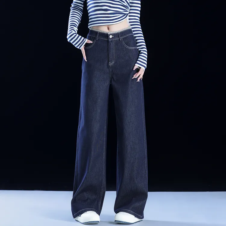 丹宁蓝牛仔裤女2025新款窄版直筒裤显瘦高腰休闲阔腿裤秋季长裤子