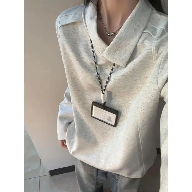 美式复古不规则领长袖T恤男女秋季解构设计感polo衫高级感打底衫