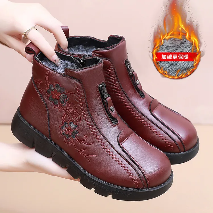 冬季植物花卉圆头保暖拉链刺绣花短靴休闲老人加厚