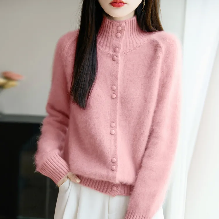 专柜正品秋冬加厚100纯羊绒开衫女半高领宽松慵懒羊绒衫打底开衫