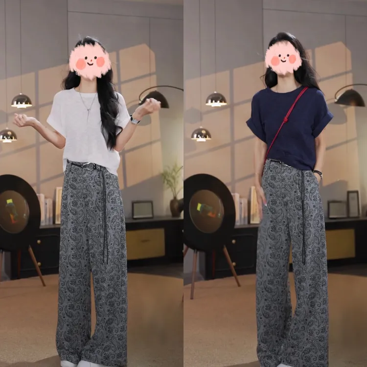 百搭透气休闲薄款T恤气质垂感腰果花休闲裤两件套