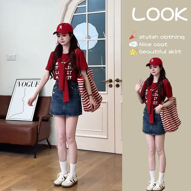 夏季套装女2025新款大码女装时尚设计感短袖T恤牛仔短裙两件套装