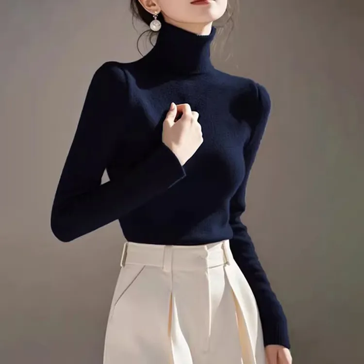 藏蓝色高领针织衫女早秋季高级感修身显瘦时尚气质内搭打底衫上衣