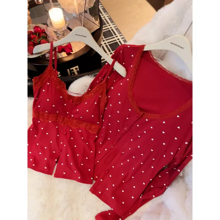 【ins爱心】纯欲风睡衣女款春秋季甜美吊带背心长袖家居服三件套