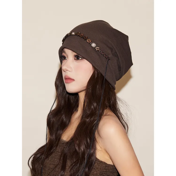 秋季百搭咖啡色堆堆帽女生复古星星流苏冷帽宽松显脸小套头帽子潮