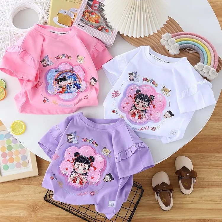 儿童纯棉短袖哪吒花边亮片变色半袖女童甜美洋气宽松T恤上衣百搭