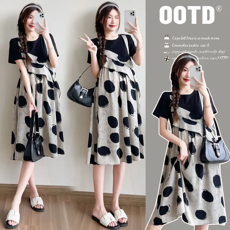 大码胖妹妹夏装时尚气质新款波点拼接设计感假两件短袖大码连衣裙