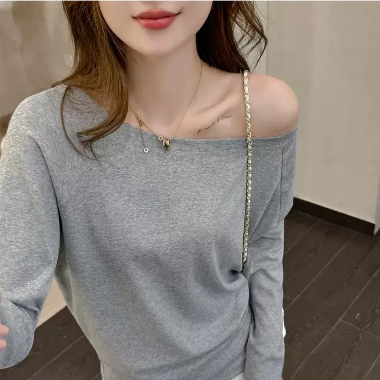 2025早秋露肩吸汗长袖运动风宽松型常规袖T恤百搭修身洋气山本风