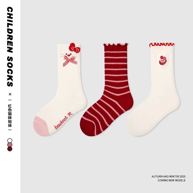 三条装儿童袜子秋冬新款红色公主袜蝴蝶结女童中筒袜棉无骨童袜