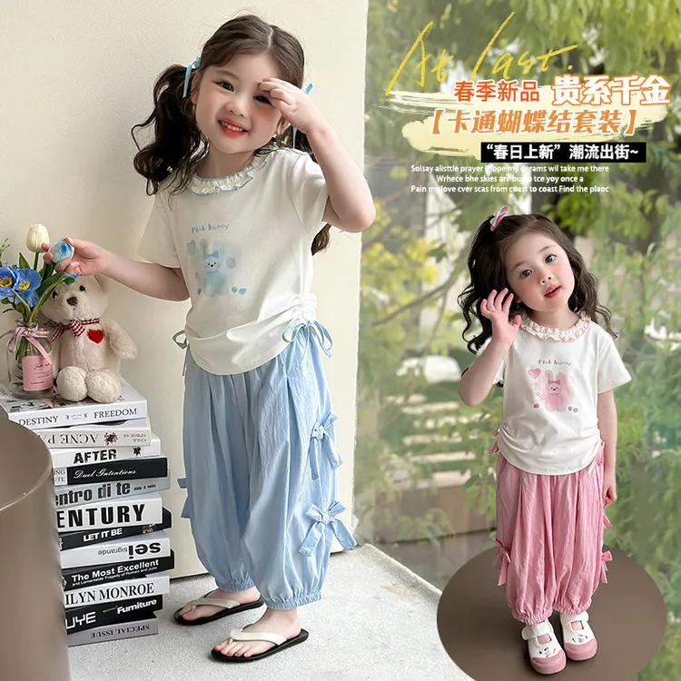 韩版夏季女童小童洋气卡通套装潮流出街女宝休闲T恤裤子薄款儿童