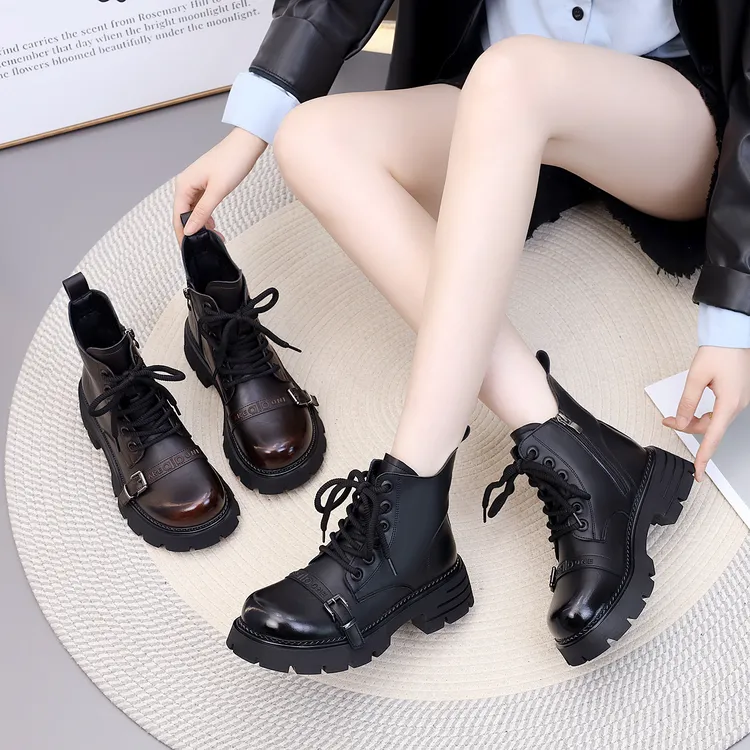 中跟厚底马丁靴女鞋2025秋冬季新款粗跟百搭时尚靴子英伦风短靴潮