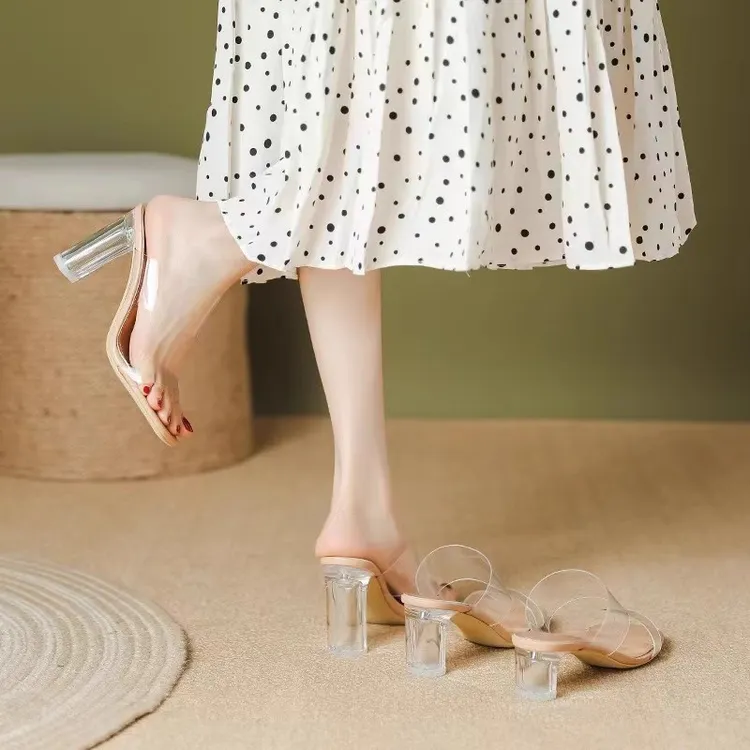 方头透明凉拖鞋女2025夏新款性感一字拖高跟鞋粗跟气质小众款拖鞋