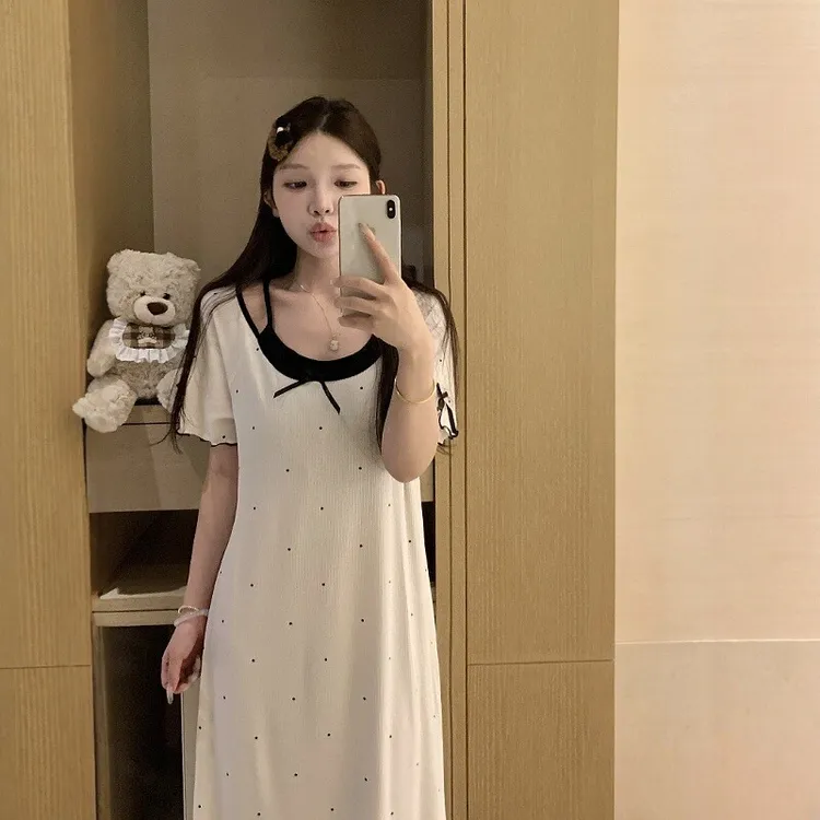 纯欲假两件短袖针织棉夏季睡裙女2025年网红款波点睡衣家居服夏天