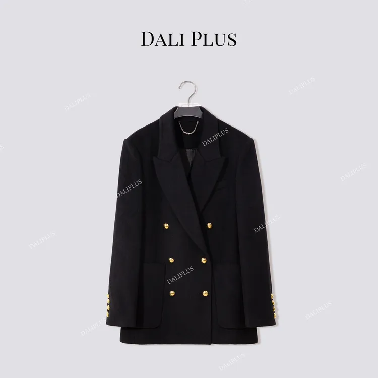 DALI PLUS“30羊绒+澳毛”黑金双排扣中长款呢大衣-D5CH5202