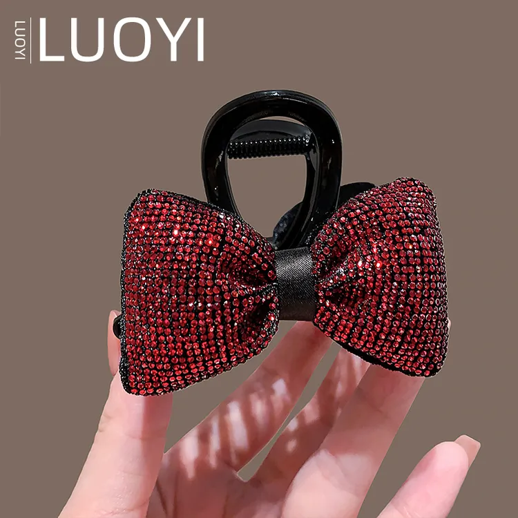 8厘米 韩版红色满钻蝴蝶结抓夹女轻奢点钻后脑勺盘发夹鲨鱼夹头饰