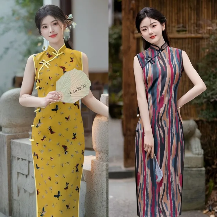 文艺年轻款条纹绝美侧八扣旗袍2025新款夏季日常女无袖