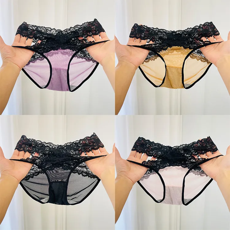 新款性感法式细腻柔软网纱蕾丝交叉镂空透气诱惑高弹大码女士内裤