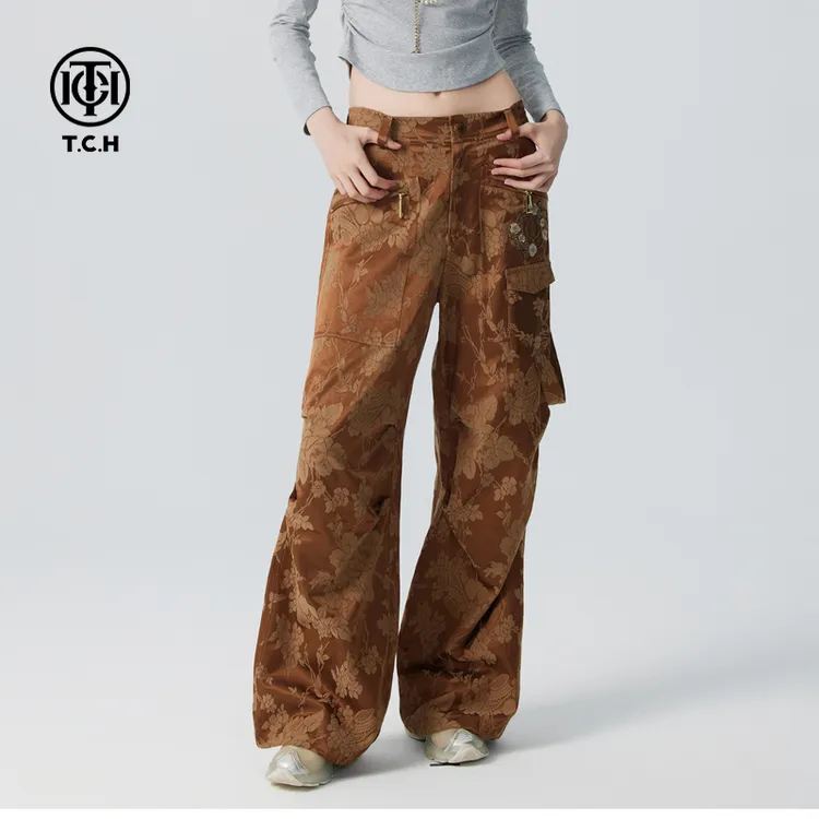 TCH轻奢复古烫钻直筒长裤女提花洋气缎面阔腿裤T72C206082私服tch