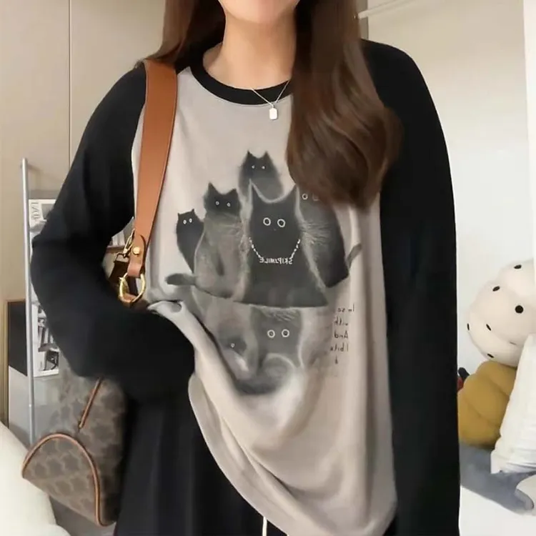 大码200斤欧美撞色长袖T恤女春季新款设计感显瘦休闲打底衫上衣潮