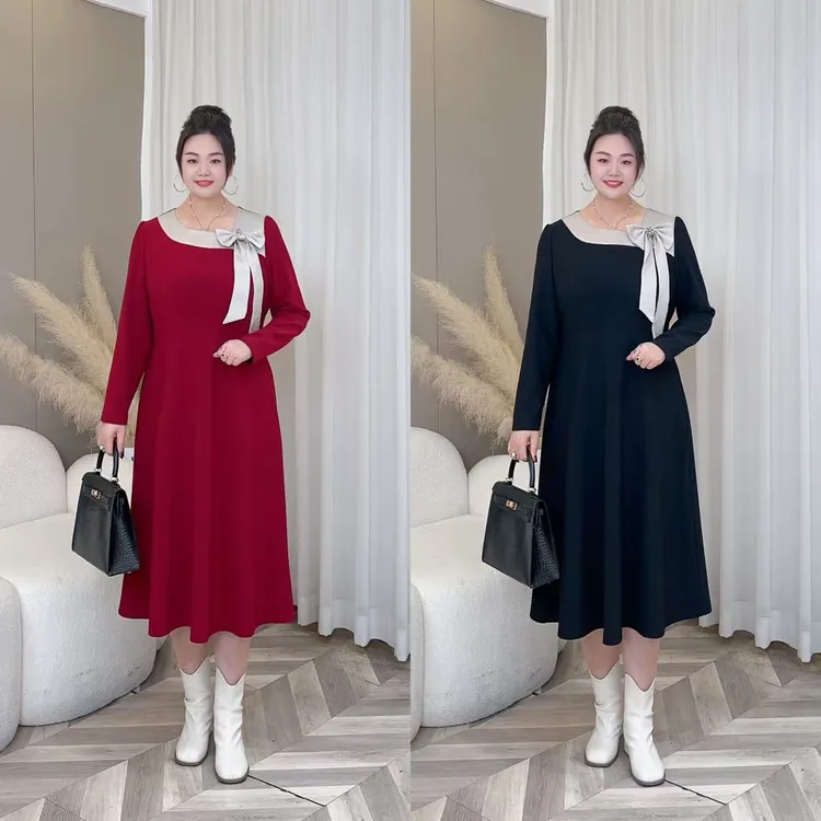 【现货梅姐加厚款】秋季新款气质长袖蝴蝶结大码女装连衣裙MJ9562