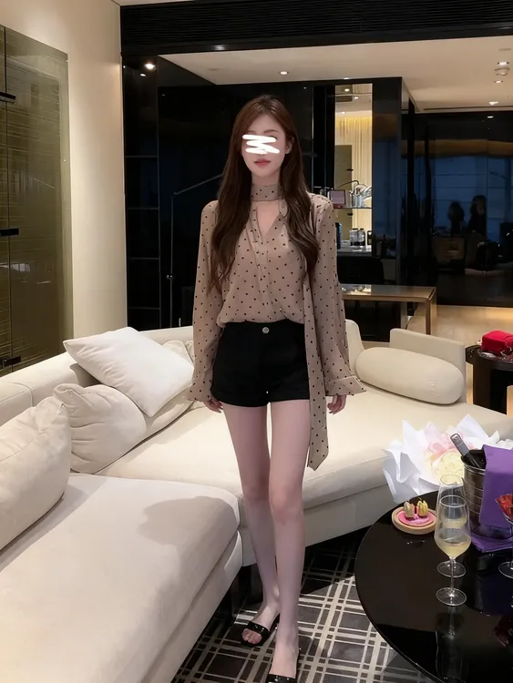 法式复古气质套装波点飘带长袖v领雪纺衬衫女秋季休闲短裤两件套