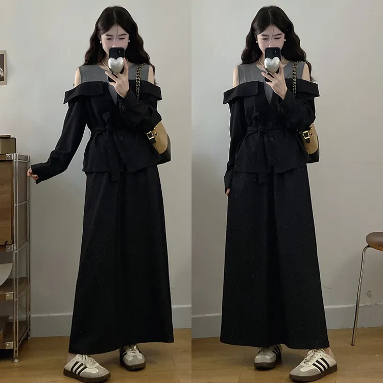 大码胖mm秋冬新款设计感露肩撞色拼接假两件长袖上衣半身裙两件套