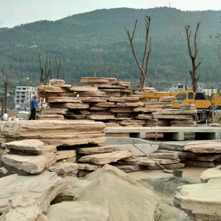 千层石假山石材用于别墅庭院鱼池驳岸造景园林流水景观