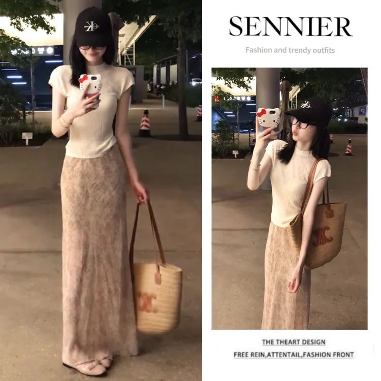 时尚穿搭2025夏季新款半高领修身显瘦针织衫上衣碎花半身裙两件套