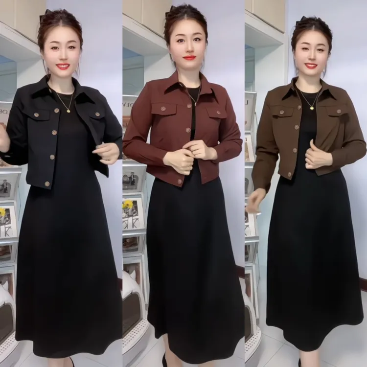 洋气轻奢时髦淑女工装外套+连衣裙两件套修身显瘦舒适保暖百搭款