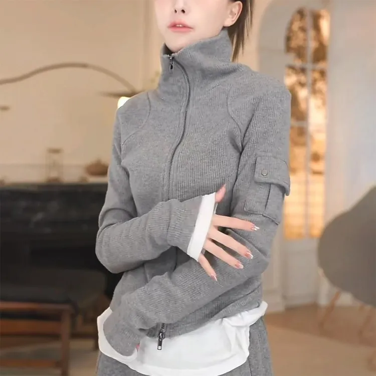 高领开衫卫衣女2025秋季新款设计感百搭弹力显瘦双拉链灰色外套潮