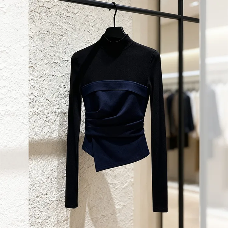 别致独特漂亮内搭小衫假两件打底长袖t恤洋气半高领上衣女装秋冬