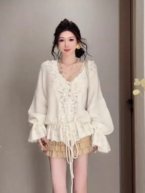 大码钩花镂空毛球v领长袖针织衫女早秋季设计感小众抽绳毛衣上