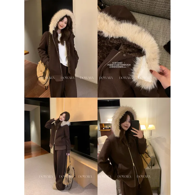 大婉酱微胖定制【慢调理念】加绒毛领连帽外套直筒长裤两件套 3140D