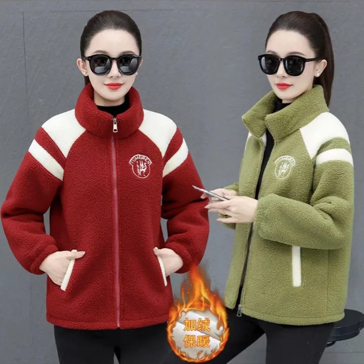 2025秋冬季新款肩膀拼色北极绒加绒加厚立领外套女