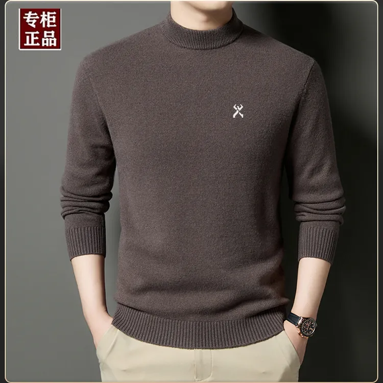 劲霸世家男装秋冬男士100%绵羊毛半高领毛衣休闲保暖刺绣针织衫衣