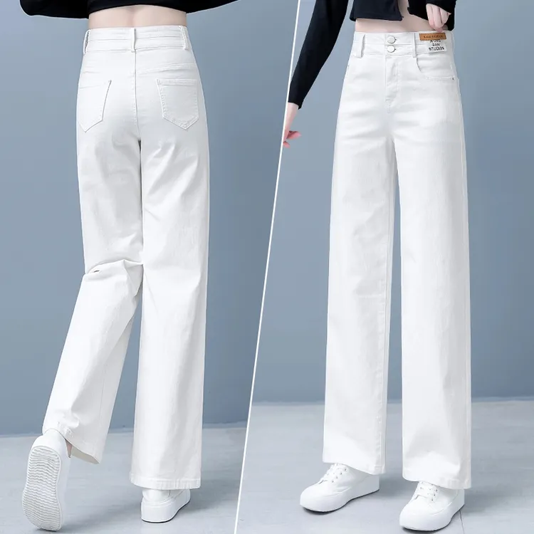 拉夏贝尔白色牛仔裤女25新款夏季高腰休闲直筒宽松显瘦阔腿裤子