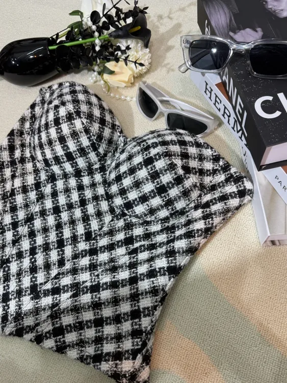 【暴躁专属优惠】金属丝格子百搭女士上衣高级感辣妹拼接鱼骨胸衣