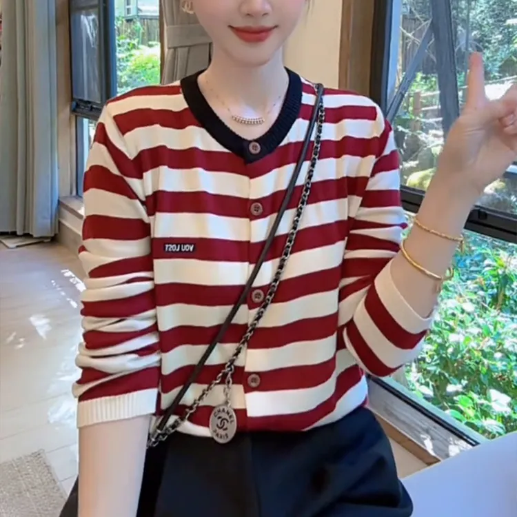 条纹毛衣针织衫女拼色2025春季新款开衫洋气显瘦打底衫上衣