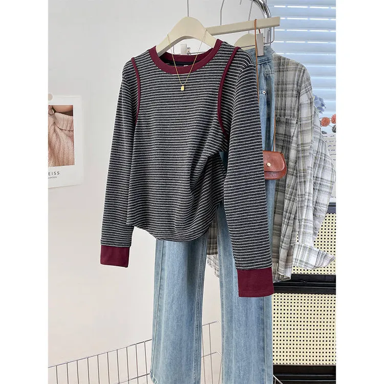 极简风拼色条纹圆领长袖T恤宽松显瘦内搭磨毛厚款正肩上衣打底衫