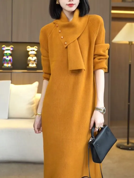 2025秋冬气质轻奢时髦围脖毛衣针织连衣裙高级感简约中长款裙子女