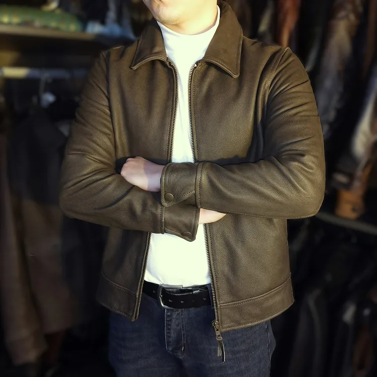 驼色TSK 2026新款真皮皮衣男士牛皮皮夹克翻领商务休闲外套春秋冬