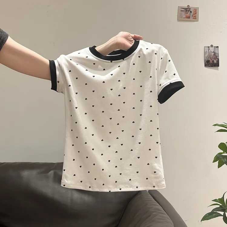 韩系白色爱心印花撞色拼接正肩圆领短袖t恤女夏修身显瘦上衣
