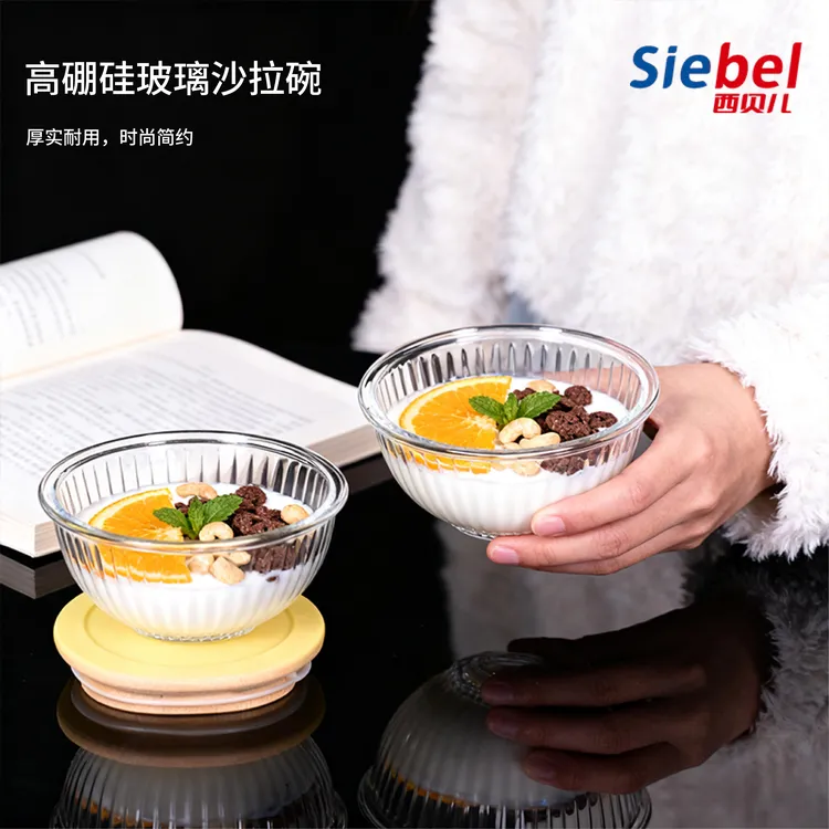 SIEBEL两只装带盖500ml圆形高硼硅玻璃花纹沙拉碗带饭玻璃保鲜盒